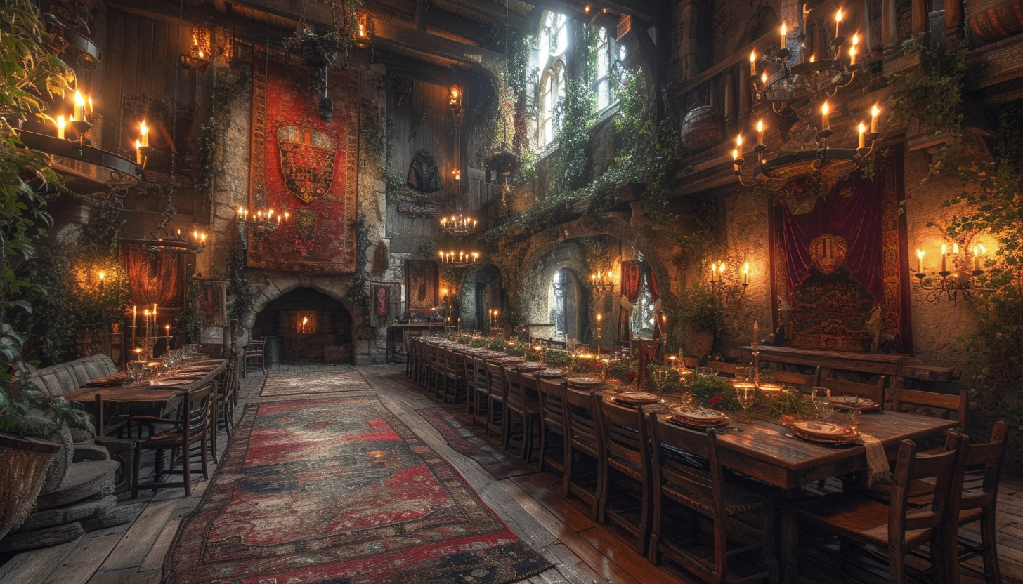 Step into a medieval castle's grand hall, adorned with tapestries, suits of armor, and a long dining table set for a royal feast.