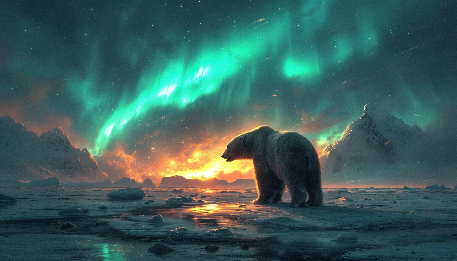 Visualize an Arctic landscape with snow-covered mountains, polar bears, and the mesmerizing dance of the Northern Lights in the night sky.