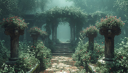 Discover a secret garden hidden within an overgrown maze, filled with hidden treasures, enchanting statues, and a sense of mystery.