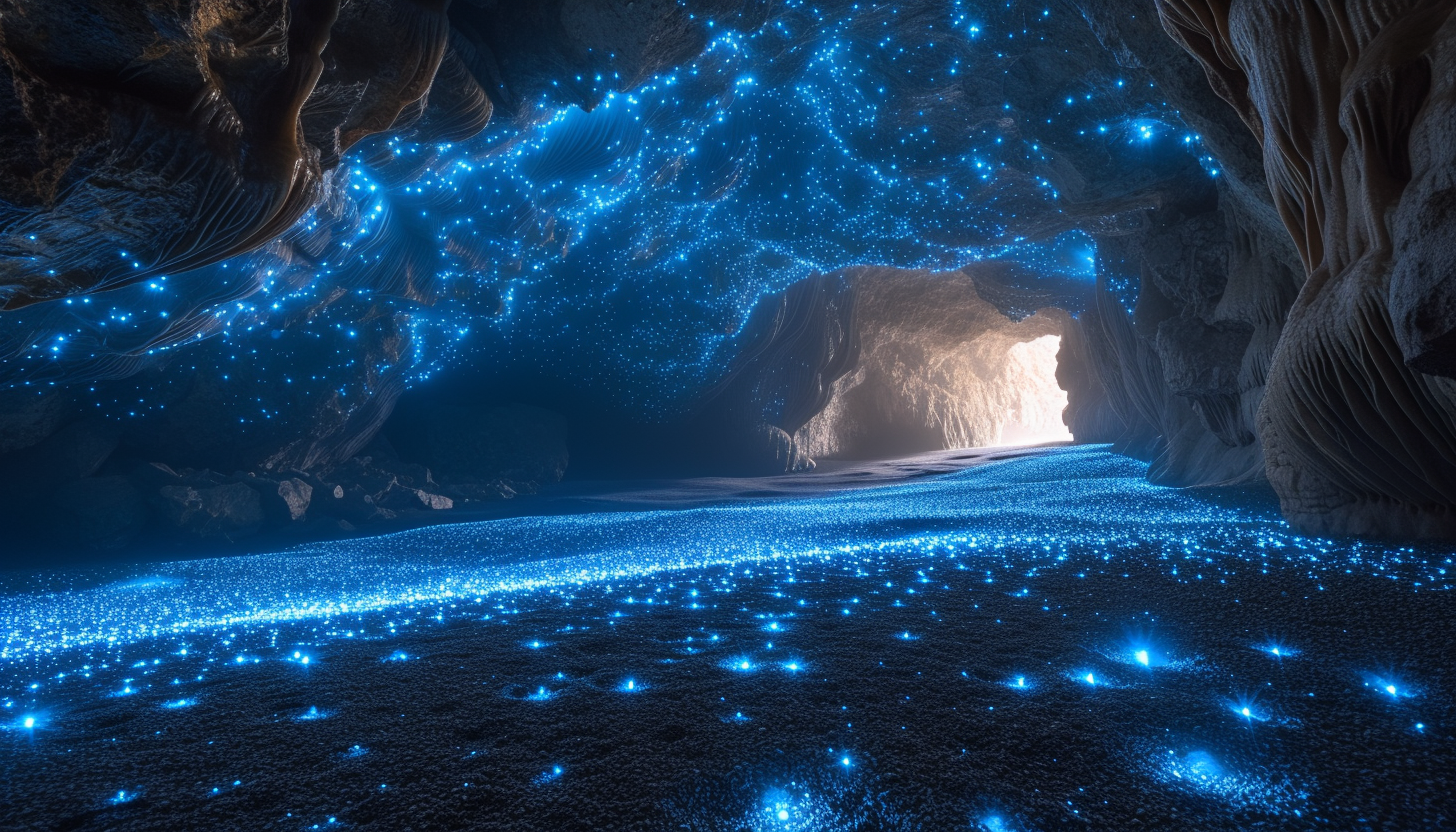 Enter a subterranean cavern illuminated by bioluminescent fungi, creating an eerie, phosphorescent underground world.