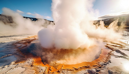 Spectacular fumaroles venting steam in a geothermal field.