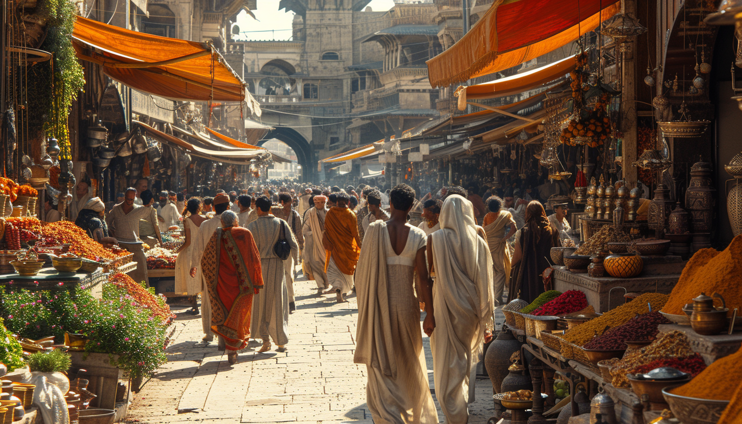 Transport yourself to a vibrant Indian bazaar, with bustling stalls, aromatic spices, and the kaleidoscope of colors of a bustling marketplace.