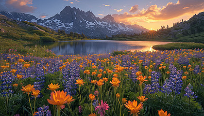 A pristine alpine meadow at sunrise, surrounded by snow-capped peaks, where wildflowers bloom in a sea of color.