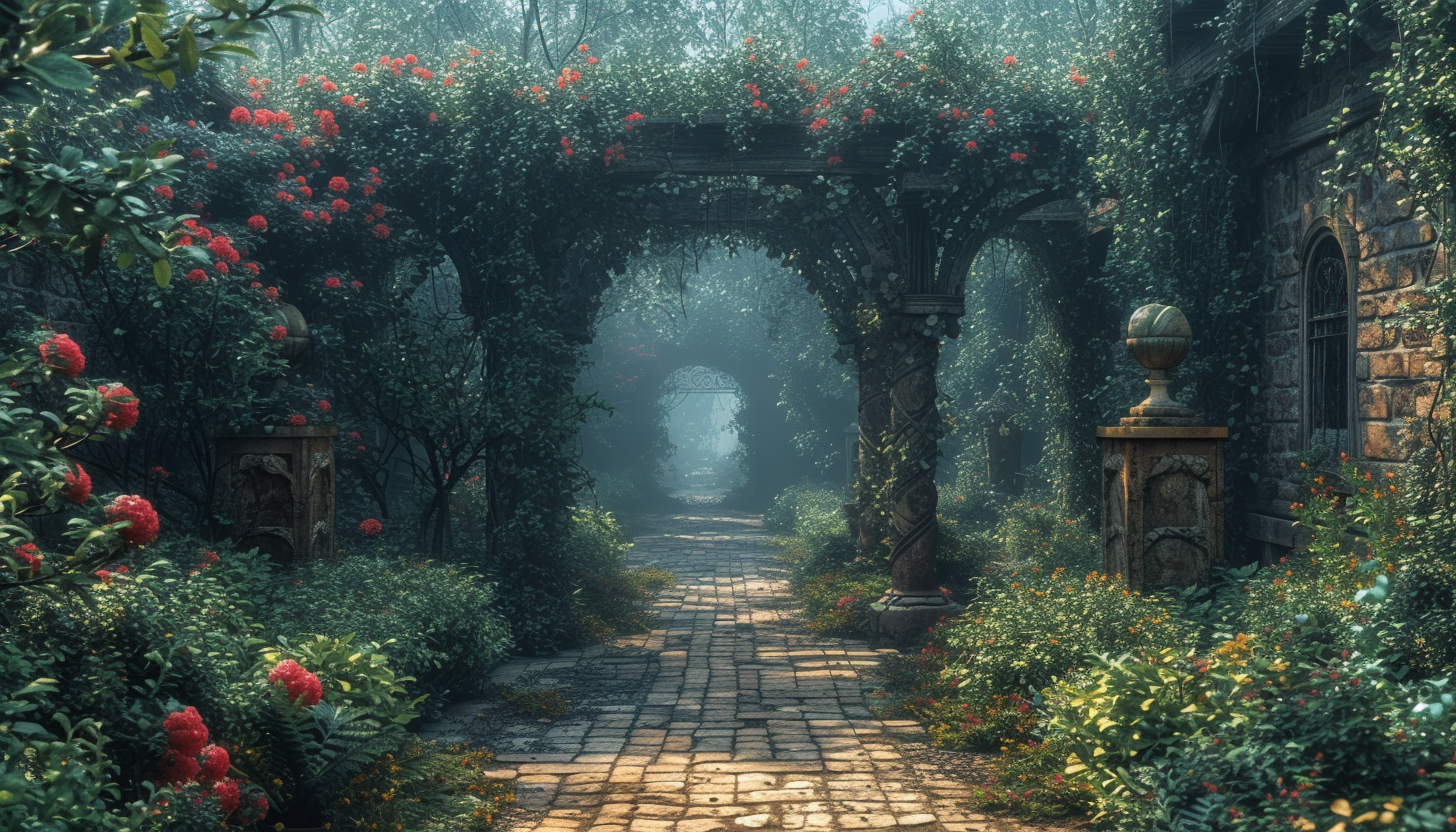 Discover a secret garden hidden within an overgrown maze, filled with hidden treasures, enchanting statues, and a sense of mystery.