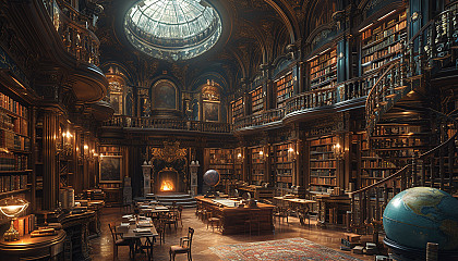 Ancient library filled with towering bookshelves, antique globes, a grand fireplace, and a spiral staircase leading to a hidden alcove.