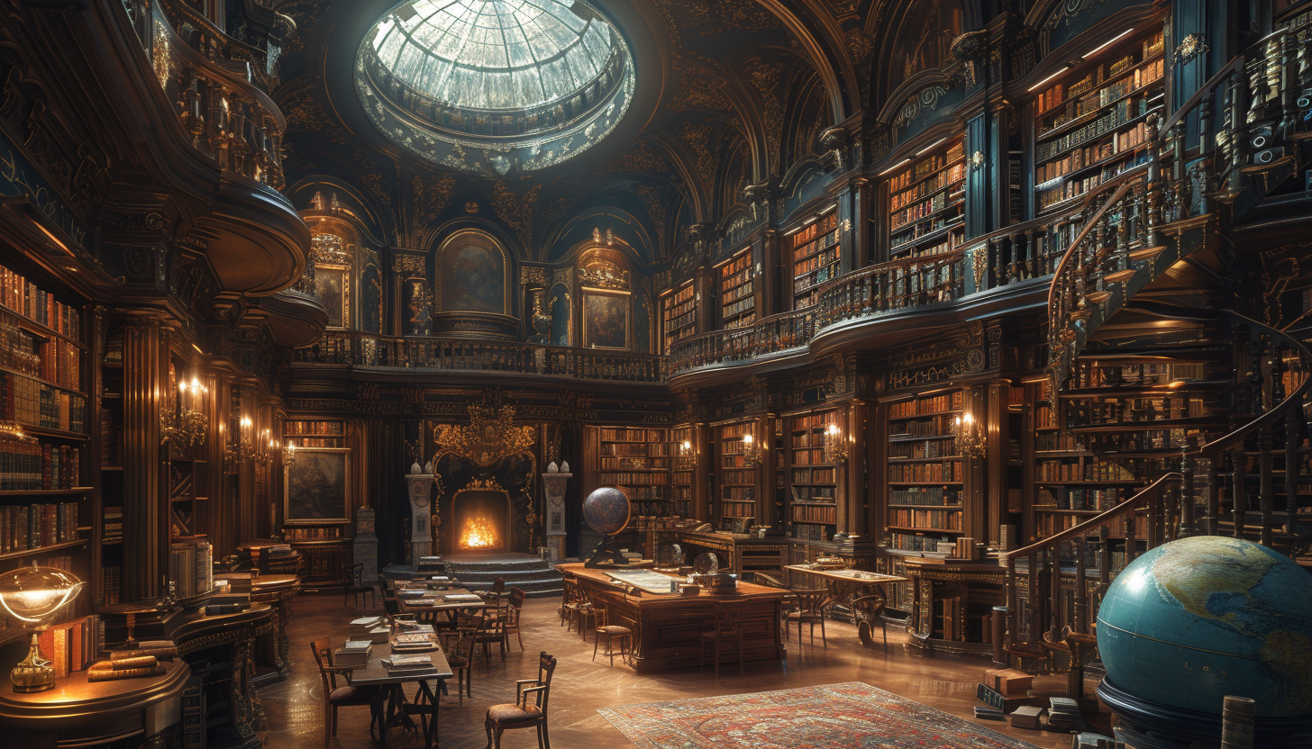 Ancient library filled with towering bookshelves, antique globes, a grand fireplace, and a spiral staircase leading to a hidden alcove.