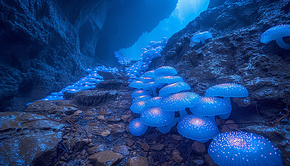 Enter a subterranean cavern illuminated by bioluminescent fungi, creating an eerie, phosphorescent underground world.