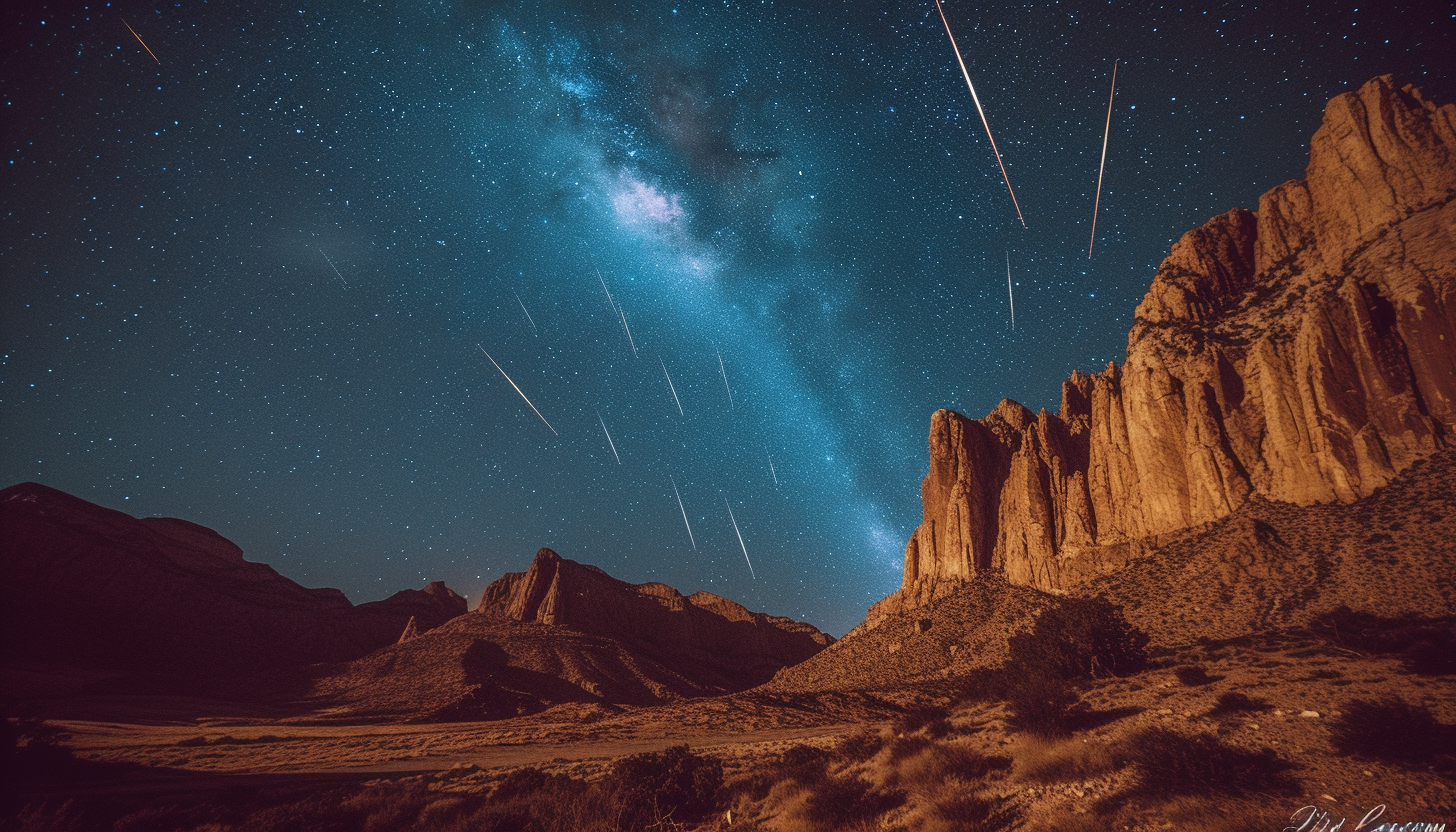 Witness a breathtaking meteor shower in a desert landscape, with shooting stars streaking across the vast, open night sky.