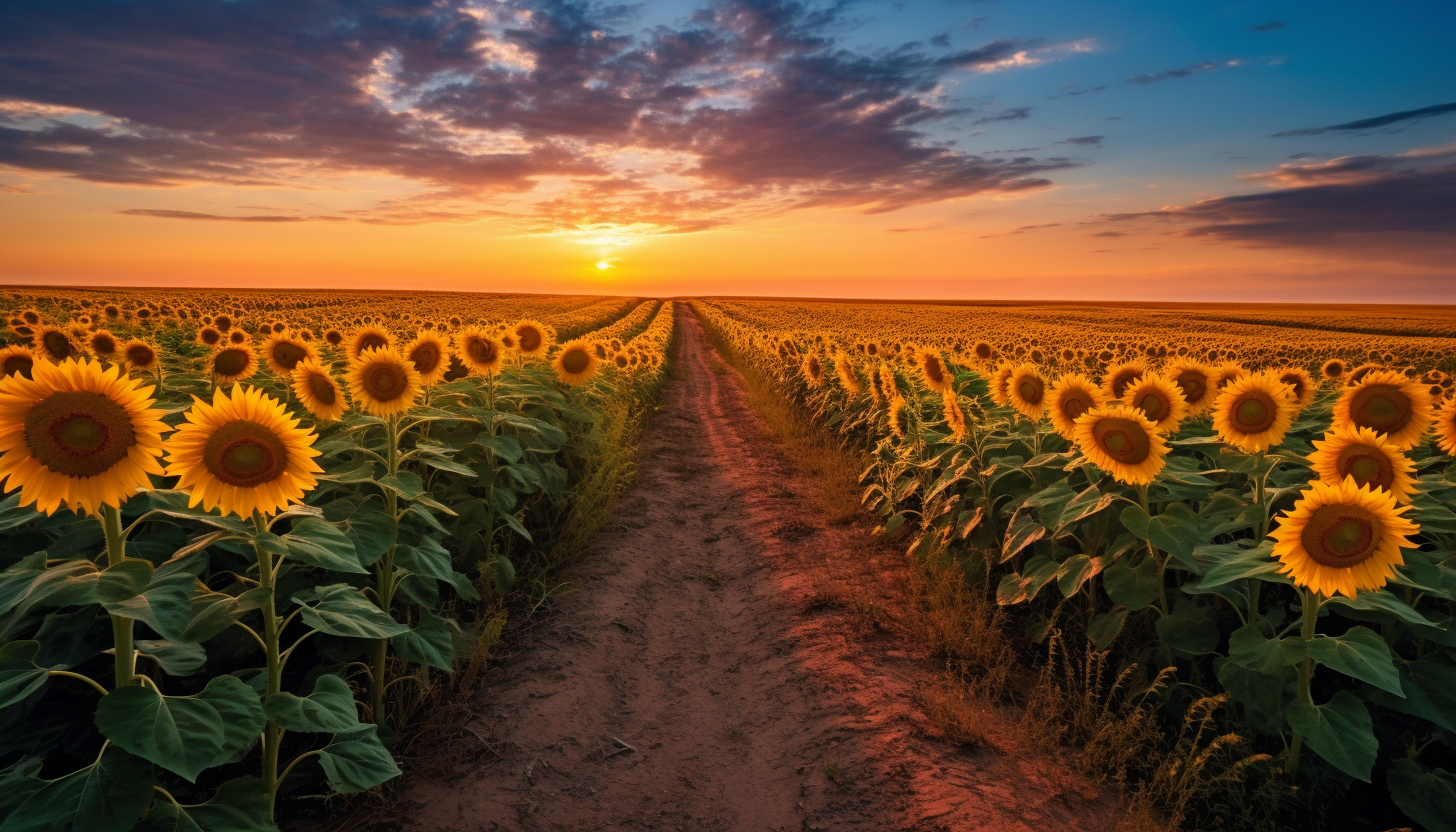 A path winding through a field of sunflowers under a bright sky.
