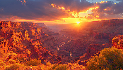 Majestic view of a rugged canyon landscape at sunset, with deep red and orange hues, shadows playing across the vast rock formations, and a winding river below.