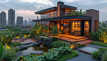 Lush rooftop garden in a modern city, featuring a variety of plants, a small pond, urban skyline in the background, and soft lighting.
