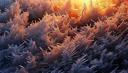 Frost patterns on a windowpane in the early morning light.