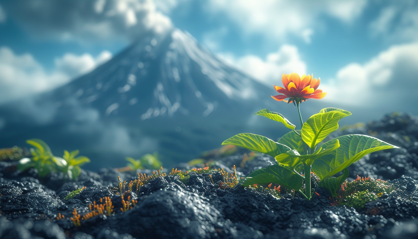 Dynamic volcanic landscape featuring a gently smoking volcano in the background, rugged lava fields, and resilient flora sprouting through the hardened lava.