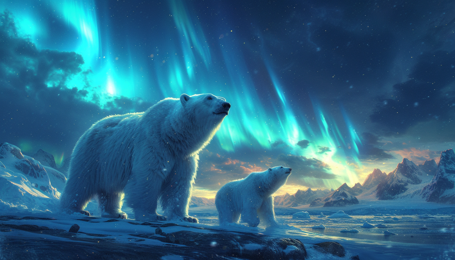 Visualize an Arctic landscape with snow-covered mountains, polar bears, and the mesmerizing dance of the Northern Lights in the night sky.