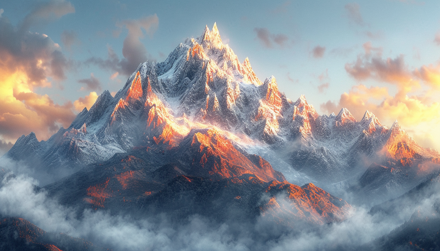 Craft an app icon that pays tribute to the majestic mountains, featuring snow-capped peaks, rugged terrain, and a sense of adventure.