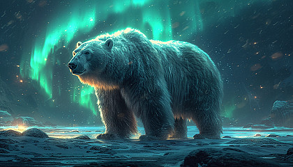 Visualize an Arctic landscape with snow-covered mountains, polar bears, and the mesmerizing dance of the Northern Lights in the night sky.