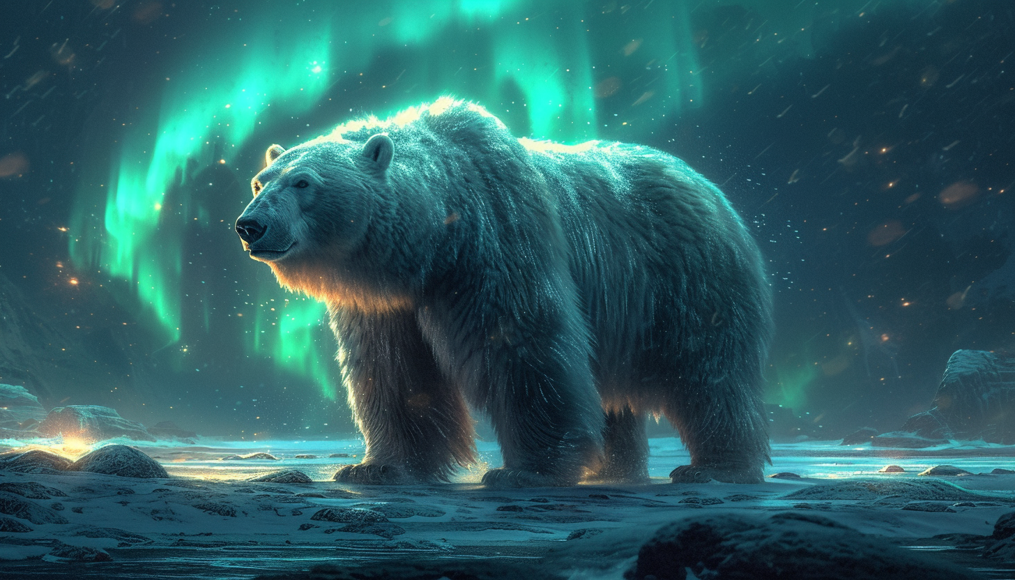 Visualize an Arctic landscape with snow-covered mountains, polar bears, and the mesmerizing dance of the Northern Lights in the night sky.