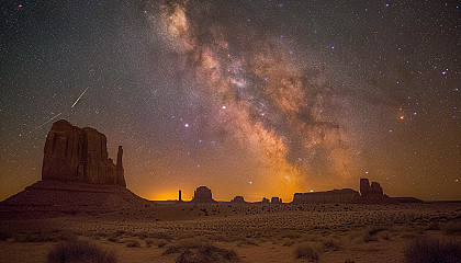 Witness a breathtaking meteor shower in a desert landscape, with shooting stars streaking across the vast, open night sky.