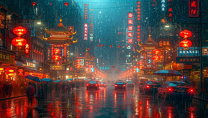 Journey to a cyberpunk metropolis under a stormy sky, where towering skyscrapers are illuminated by neon signs, and bustling streets are soaked in the rain.