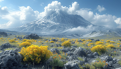 Dynamic volcanic landscape featuring a gently smoking volcano in the background, rugged lava fields, and resilient flora sprouting through the hardened lava.