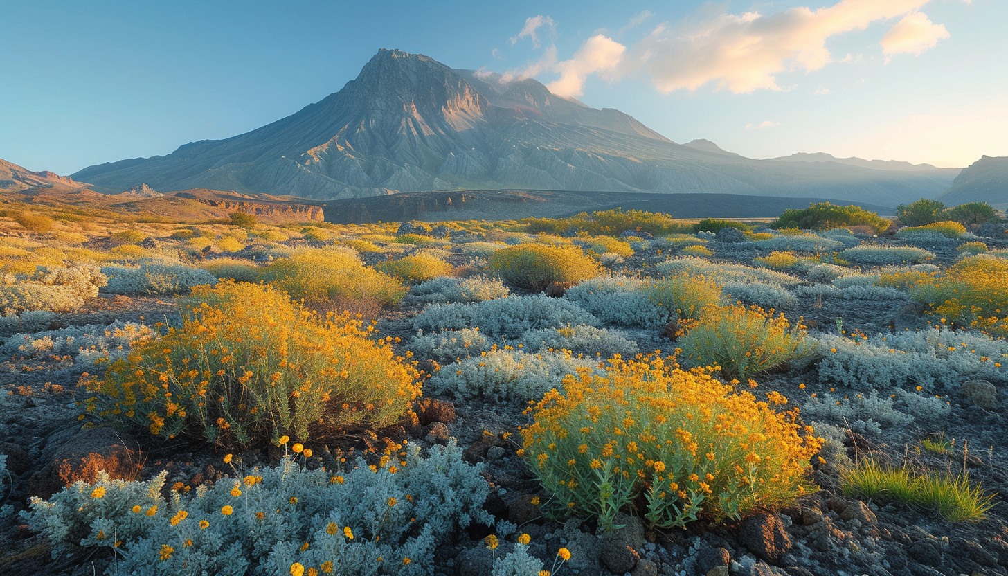 Dynamic volcanic landscape featuring a gently smoking volcano in the background, rugged lava fields, and resilient flora sprouting through the hardened lava.