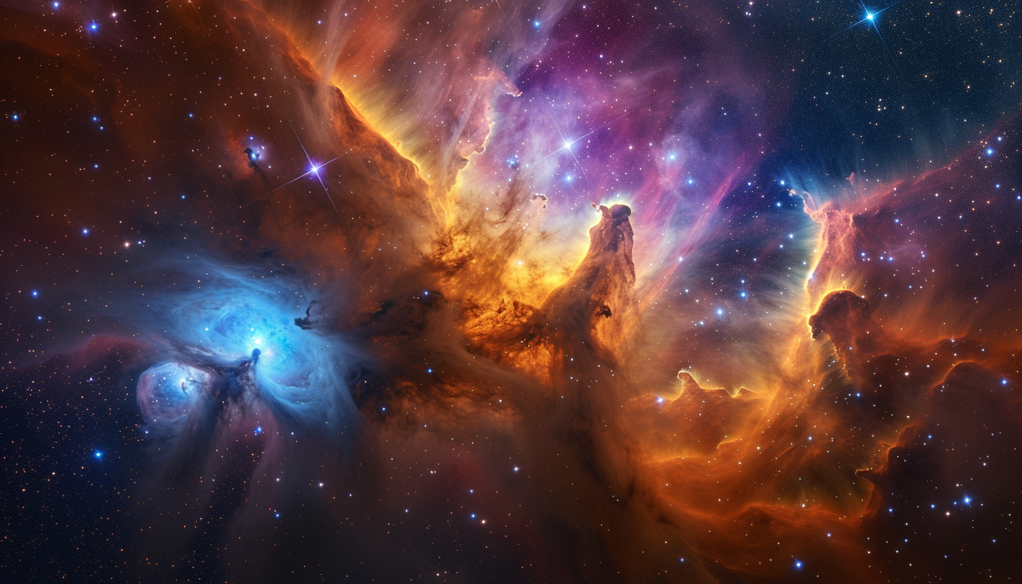 Embark on an interstellar voyage through a cosmic nebula, where swirling gas clouds and newborn stars paint a breathtaking celestial canvas.