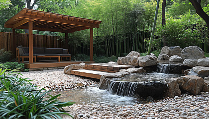 Find serenity in a Zen garden with a meditative rock arrangement, tranquil water features, and a canopy of bamboo.