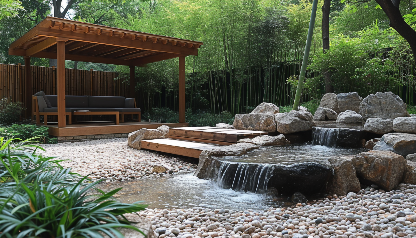 Find serenity in a Zen garden with a meditative rock arrangement, tranquil water features, and a canopy of bamboo.