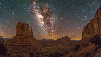 Witness a breathtaking meteor shower in a desert landscape, with shooting stars streaking across the vast, open night sky.