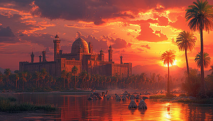 Desert oasis at sunset, with towering palm trees, a tranquil pond, camels resting, and ancient ruins in the background.