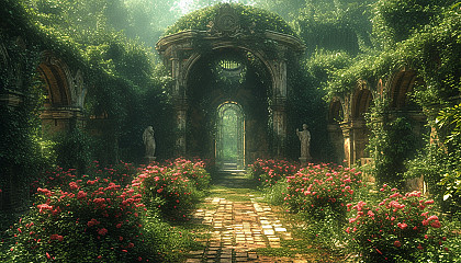 Discover a secret garden hidden within an overgrown maze, filled with hidden treasures, enchanting statues, and a sense of mystery.