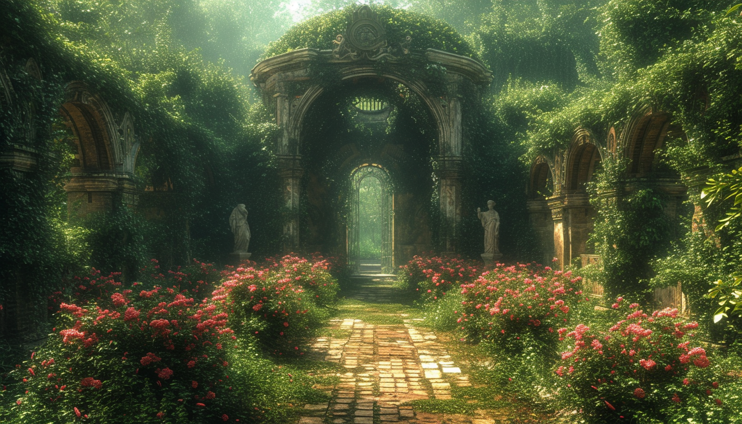 Discover a secret garden hidden within an overgrown maze, filled with hidden treasures, enchanting statues, and a sense of mystery.