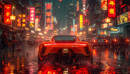 Journey to a cyberpunk metropolis under a stormy sky, where towering skyscrapers are illuminated by neon signs, and bustling streets are soaked in the rain.