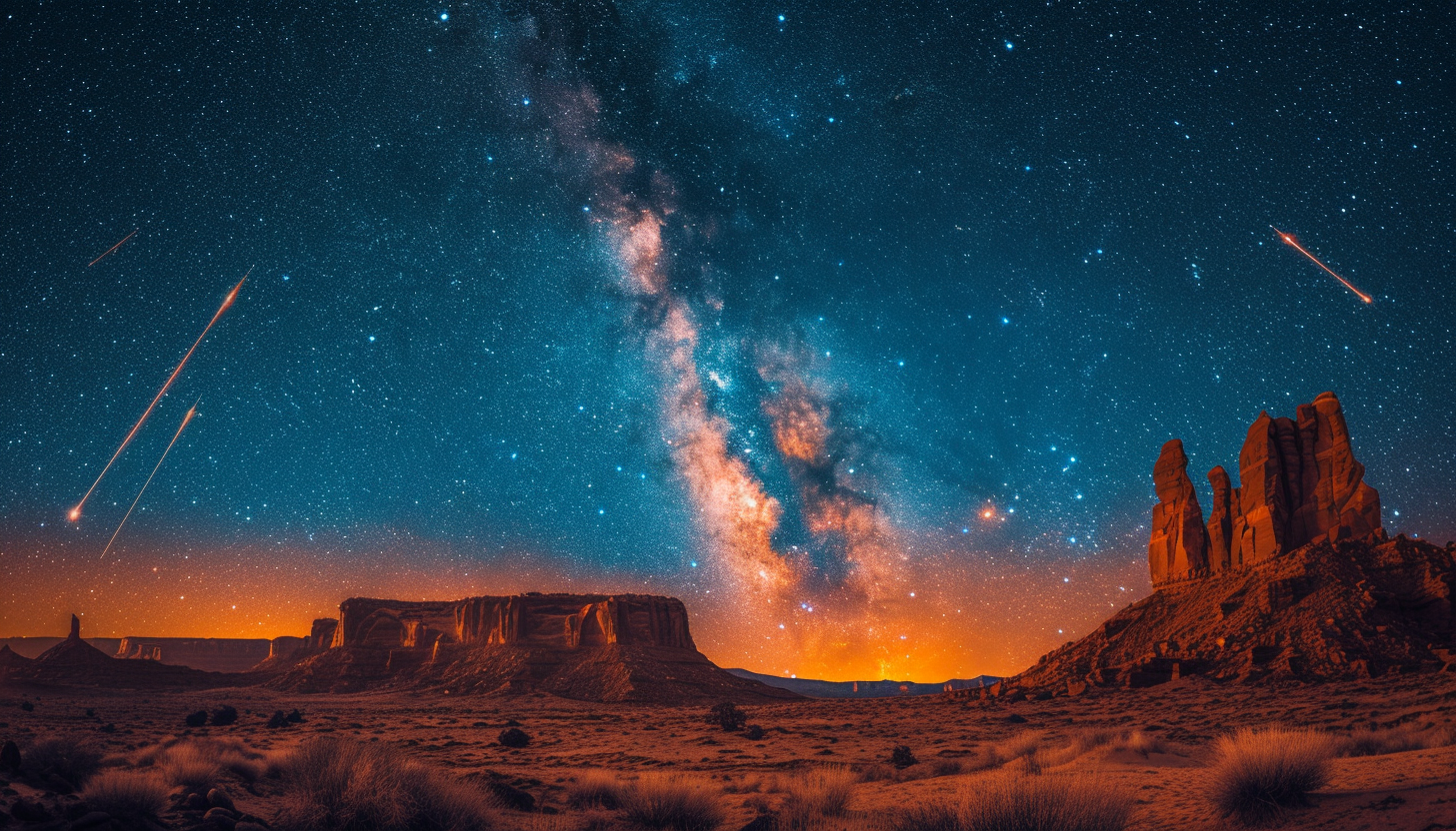 Witness a breathtaking meteor shower in a desert landscape, with shooting stars streaking across the vast, open night sky.