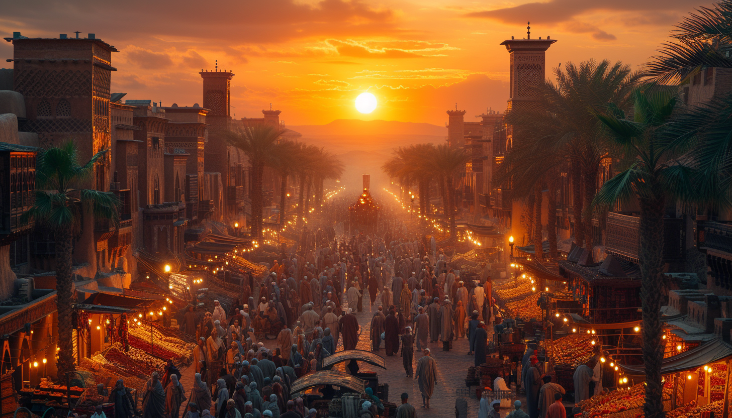 Traditional Arabian market at sunset, with spice stalls, rich textiles, bustling crowds, and a view of the desert and camels in the distance.