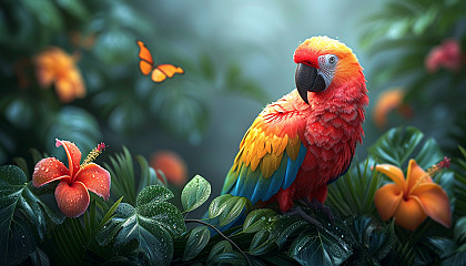 Design an app icon that brings to life the vibrant colors of a tropical rainforest, teeming with exotic birds, butterflies, and lush vegetation.