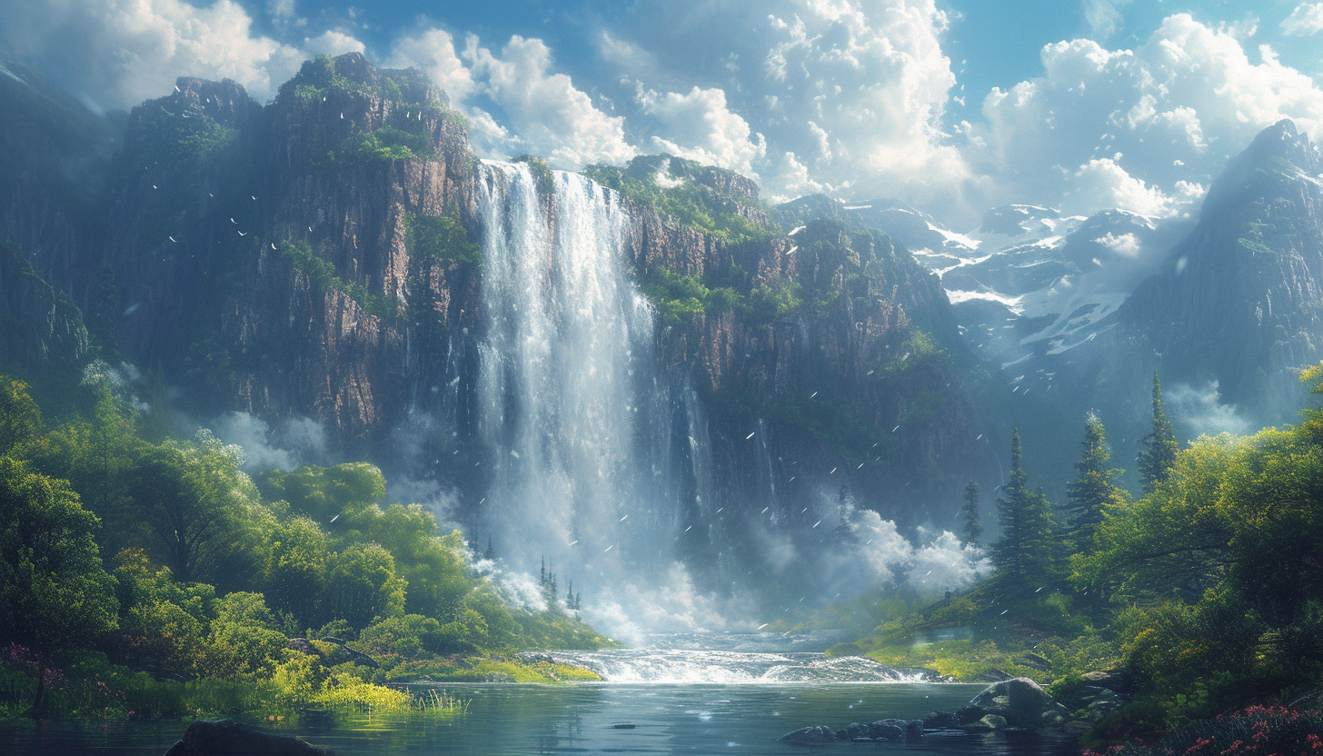 Imagine an app icon that embodies the spirit of a roaring waterfall, with cascading water, misty spray, and a powerful sense of energy.