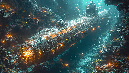 Deep-sea adventure scene with a submarine exploring a coral-covered shipwreck, surrounded by bioluminescent creatures.