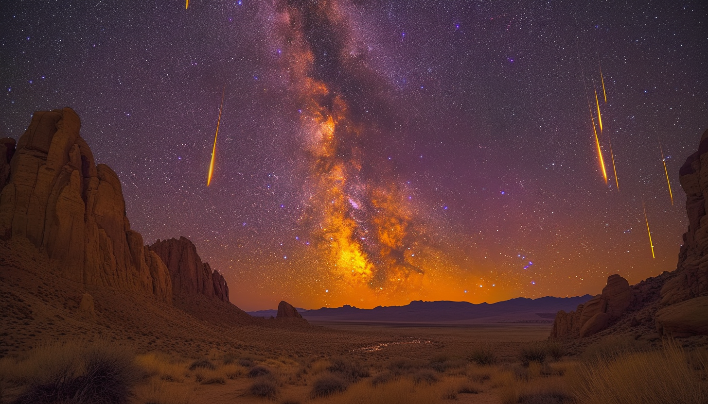 Witness a breathtaking meteor shower in a desert landscape, with shooting stars streaking across the vast, open night sky.