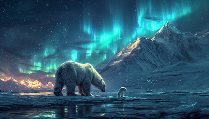 Visualize an Arctic landscape with snow-covered mountains, polar bears, and the mesmerizing dance of the Northern Lights in the night sky.