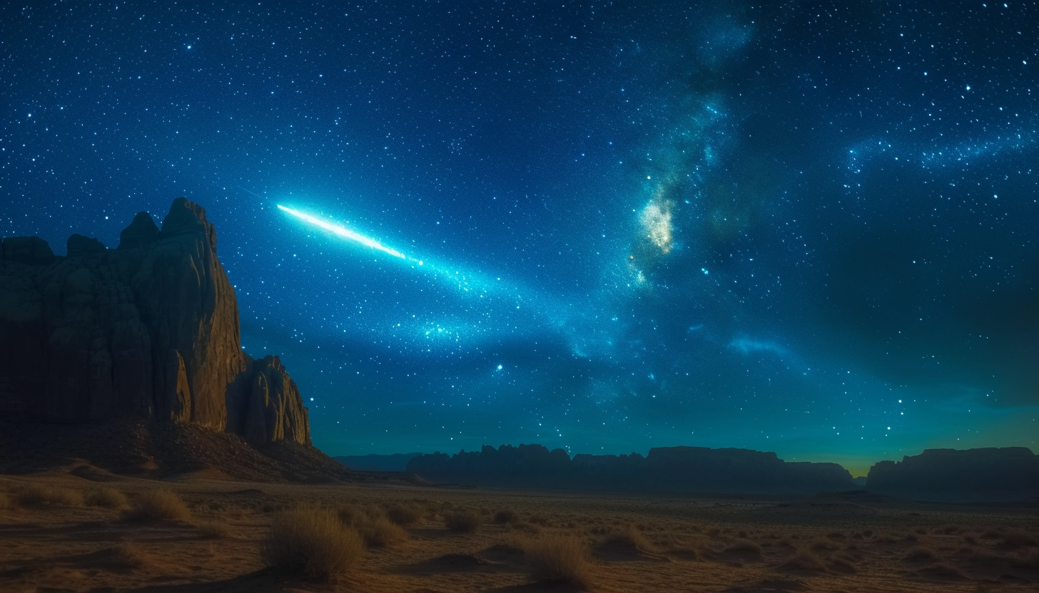 Witness a breathtaking meteor shower in a desert landscape, with shooting stars streaking across the vast, open night sky.