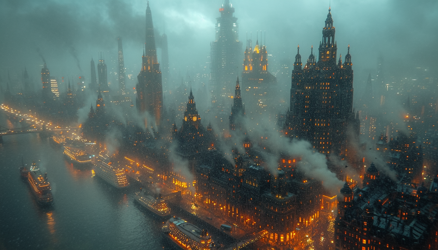 Immerse yourself in a dieselpunk metropolis, where towering smokestacks, dirigibles, and steam-powered vehicles define an alternative industrial era.