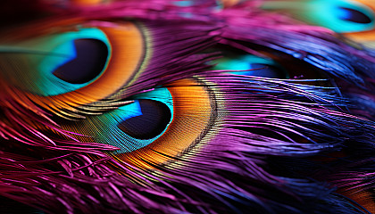 A macro view of a peacock feather displaying its vibrant hues.