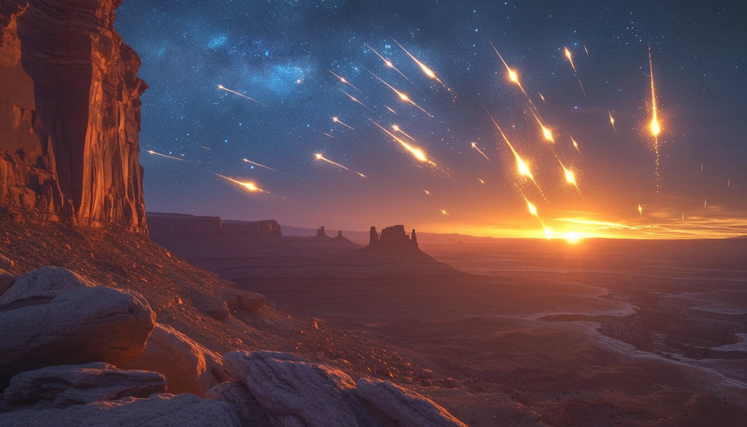 Witness a breathtaking meteor shower in a desert landscape, with shooting stars streaking across the vast, open night sky.