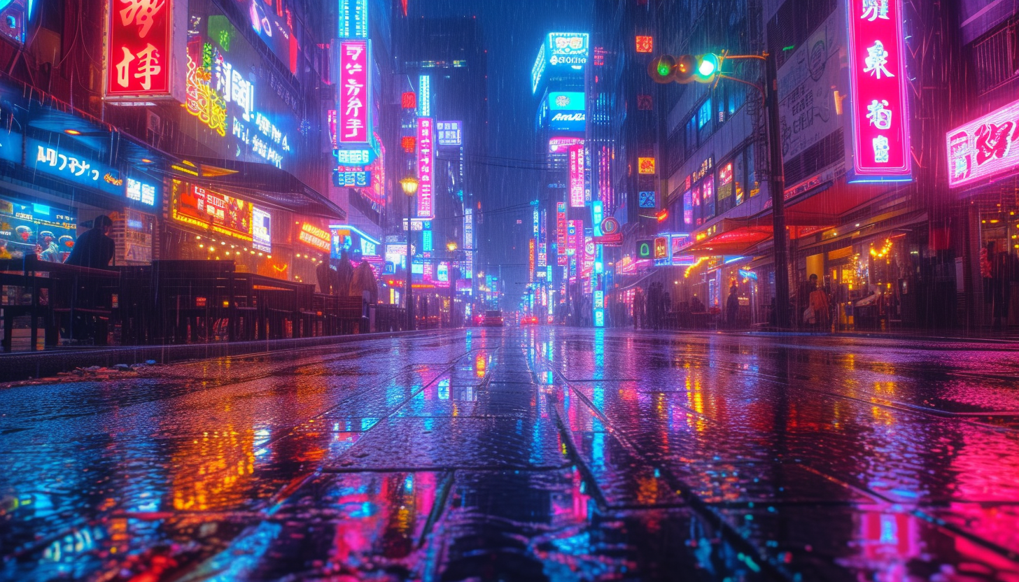 Dive into a cyberpunk cityscape at twilight, where neon signs reflect on wet streets, and futuristic skyscrapers loom overhead.