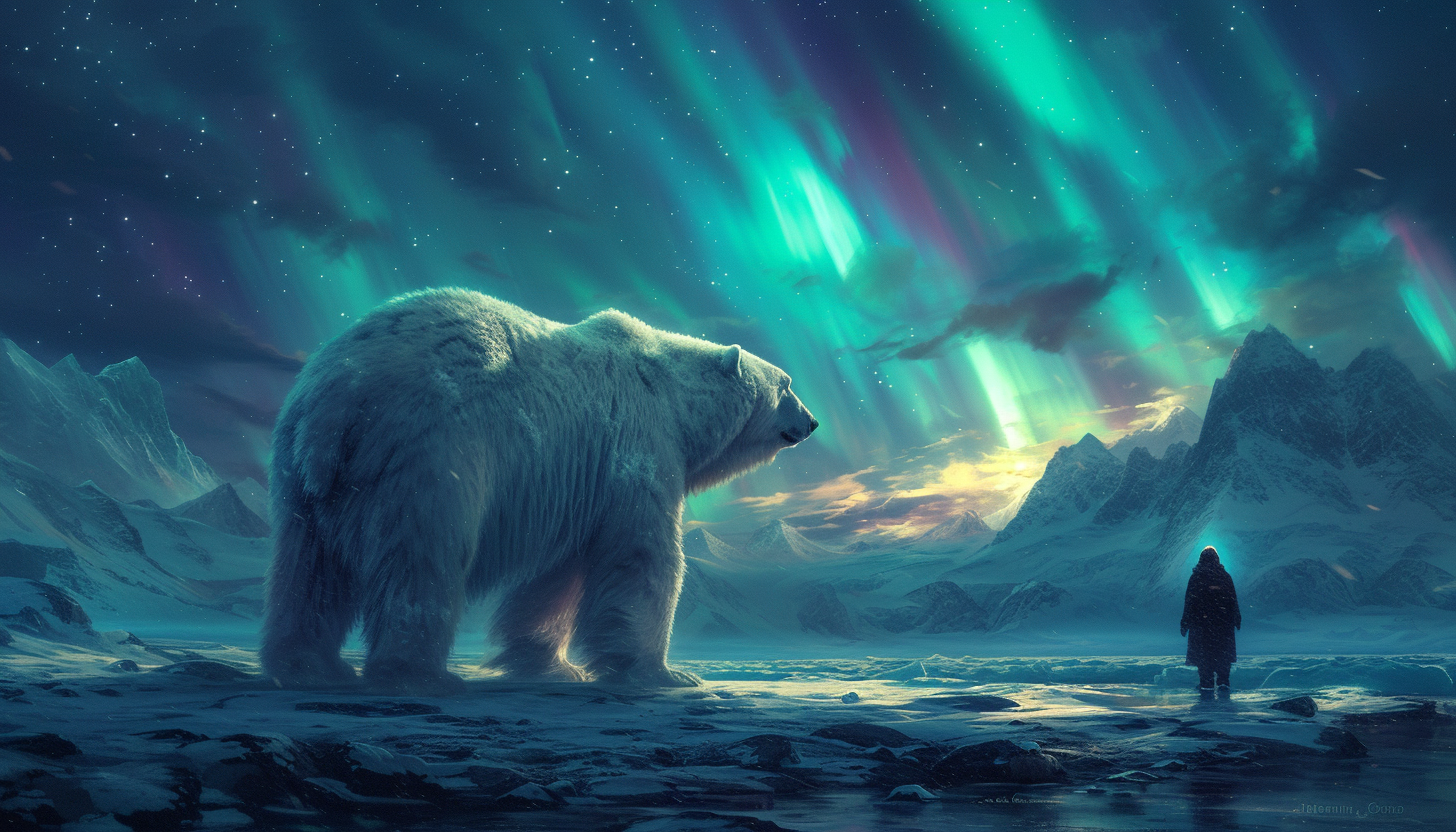 Visualize an Arctic landscape with snow-covered mountains, polar bears, and the mesmerizing dance of the Northern Lights in the night sky.