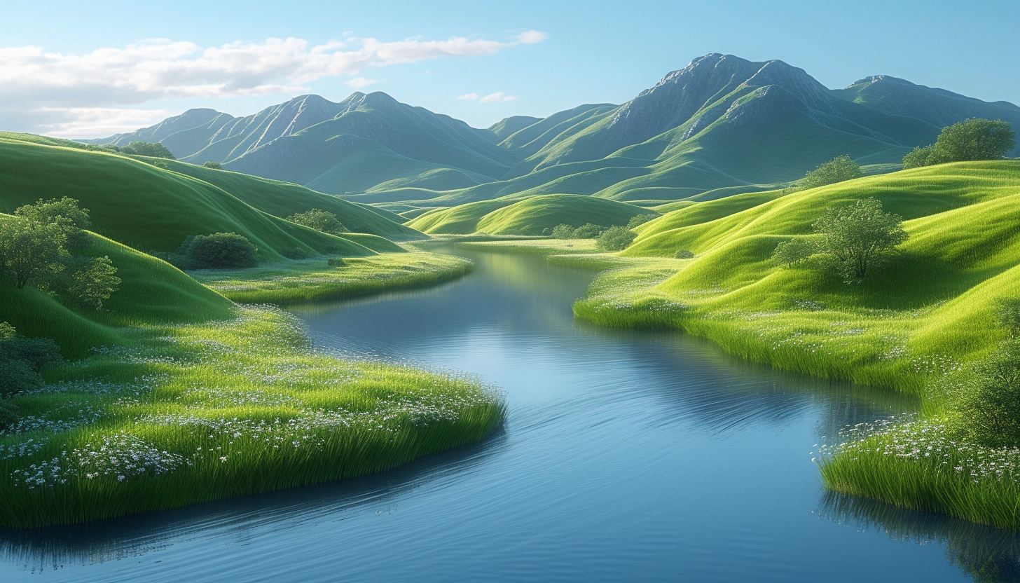 A serene app icon featuring a lush green landscape with rolling hills and a calm river, encapsulating the essence of tranquility.