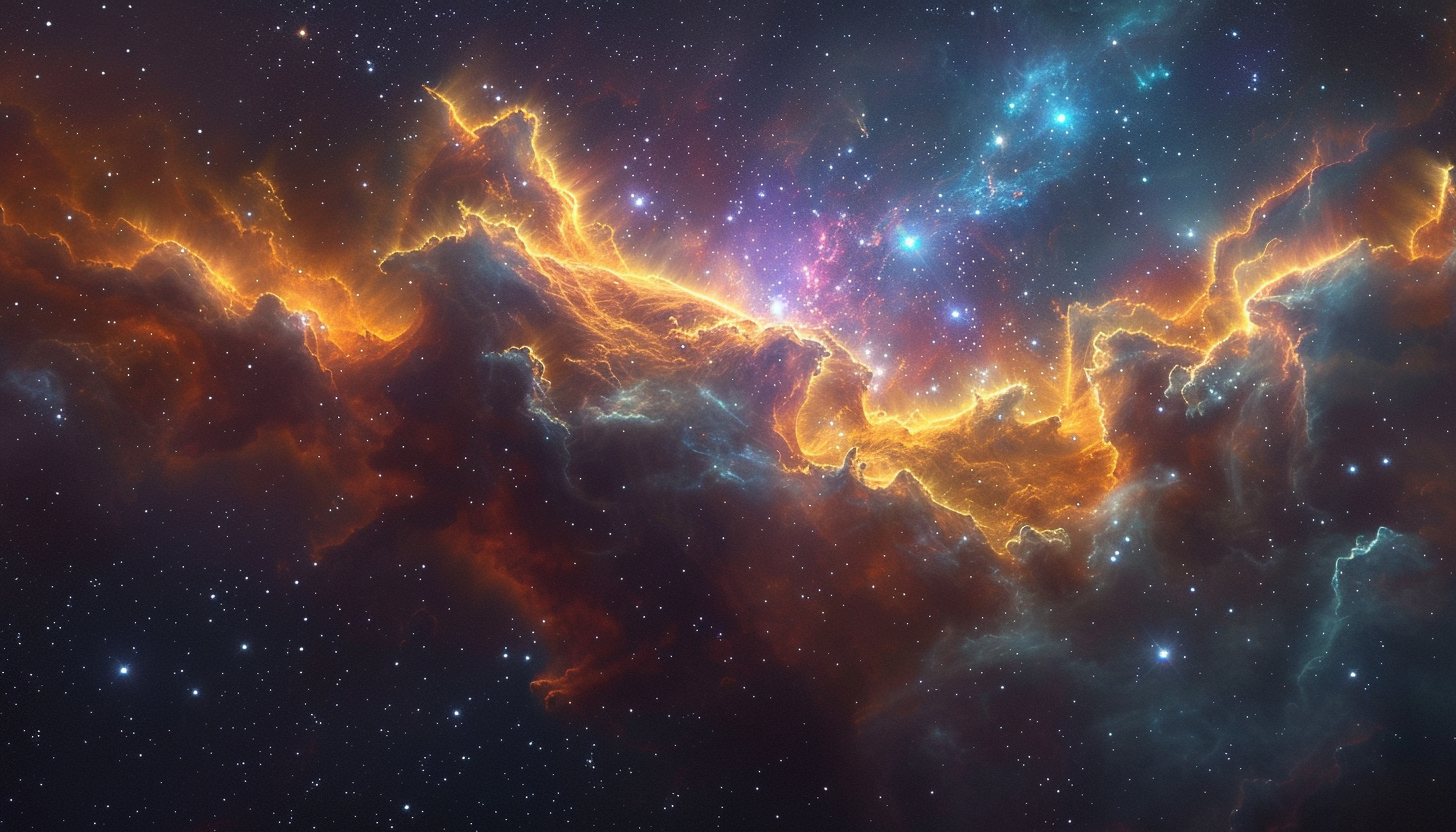 Embark on an interstellar voyage through a cosmic nebula, where swirling gas clouds and newborn stars paint a breathtaking celestial canvas.