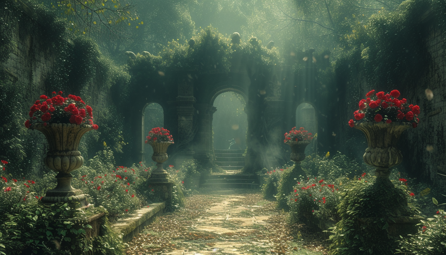 Discover a secret garden hidden within an overgrown maze, filled with hidden treasures, enchanting statues, and a sense of mystery.