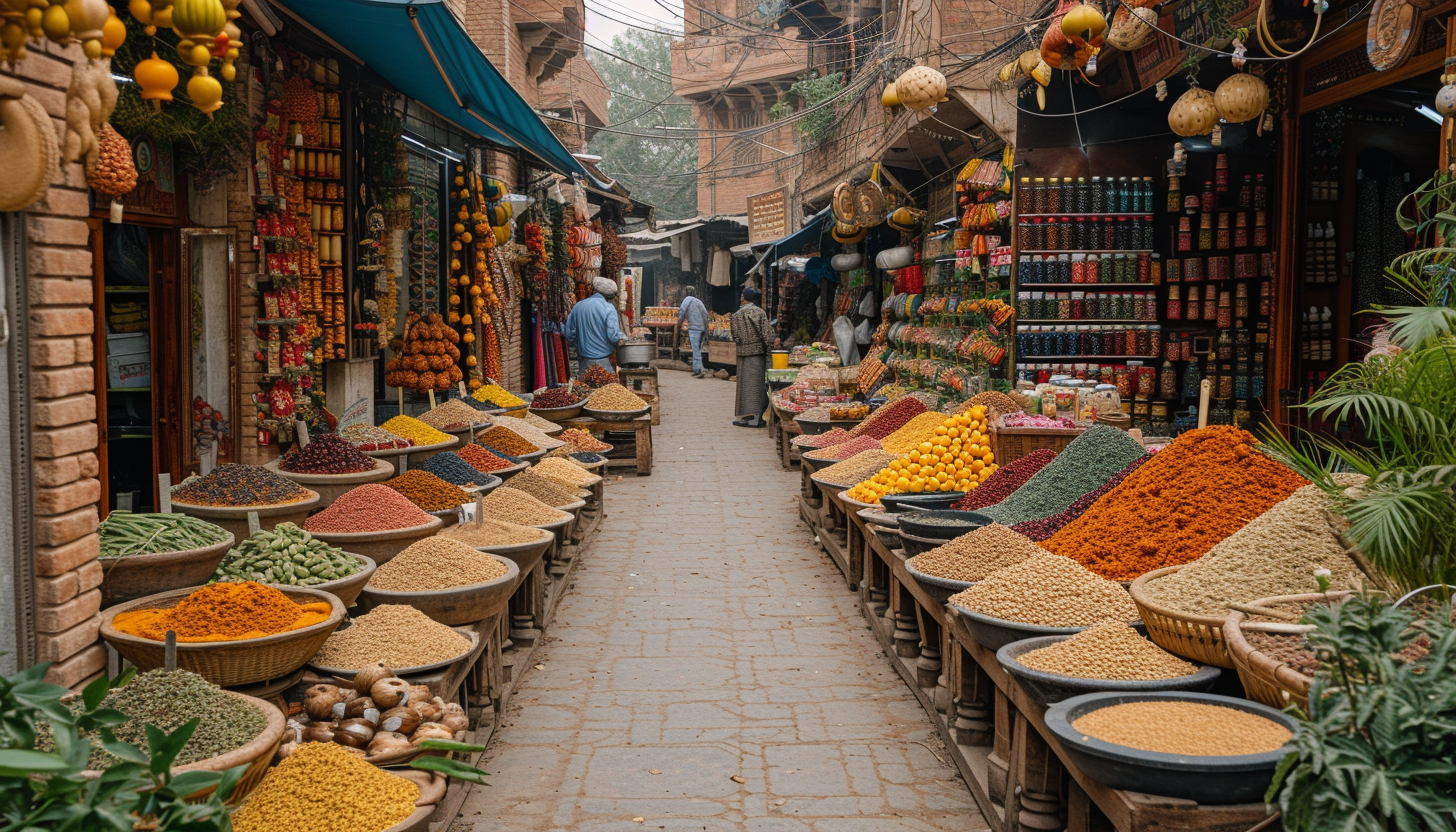 A vibrant Indian marketplace, with colorful stalls, spices, fabrics, and the hustle and bustle of daily life.